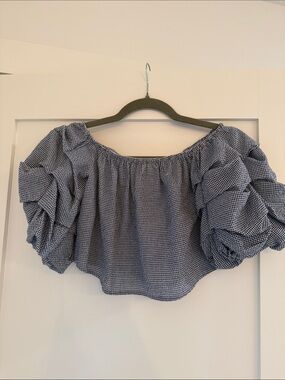 Blue Gingham Off-Shoulder Puff-Sleeve Crop Top